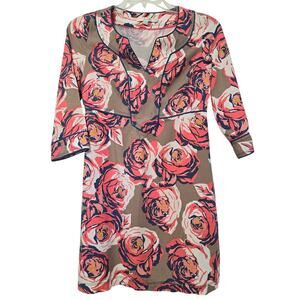 Boden 3/4 Sleeve Floral Mini Dress  Pink Size 10R Beige Tan Pink Boho Blue